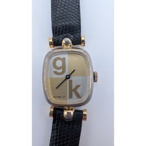 VTG Pedre Women 17 Jewel GoldTone Rectangle Dial Black Leather Watch New Battery